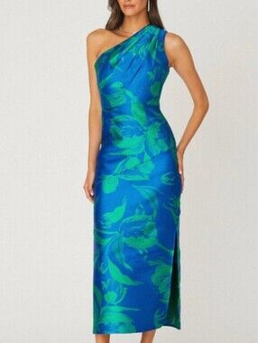 SHOSHANNA One-Shoulder Blue Green Floral Dress Amina 12 Summer Evening Midnight